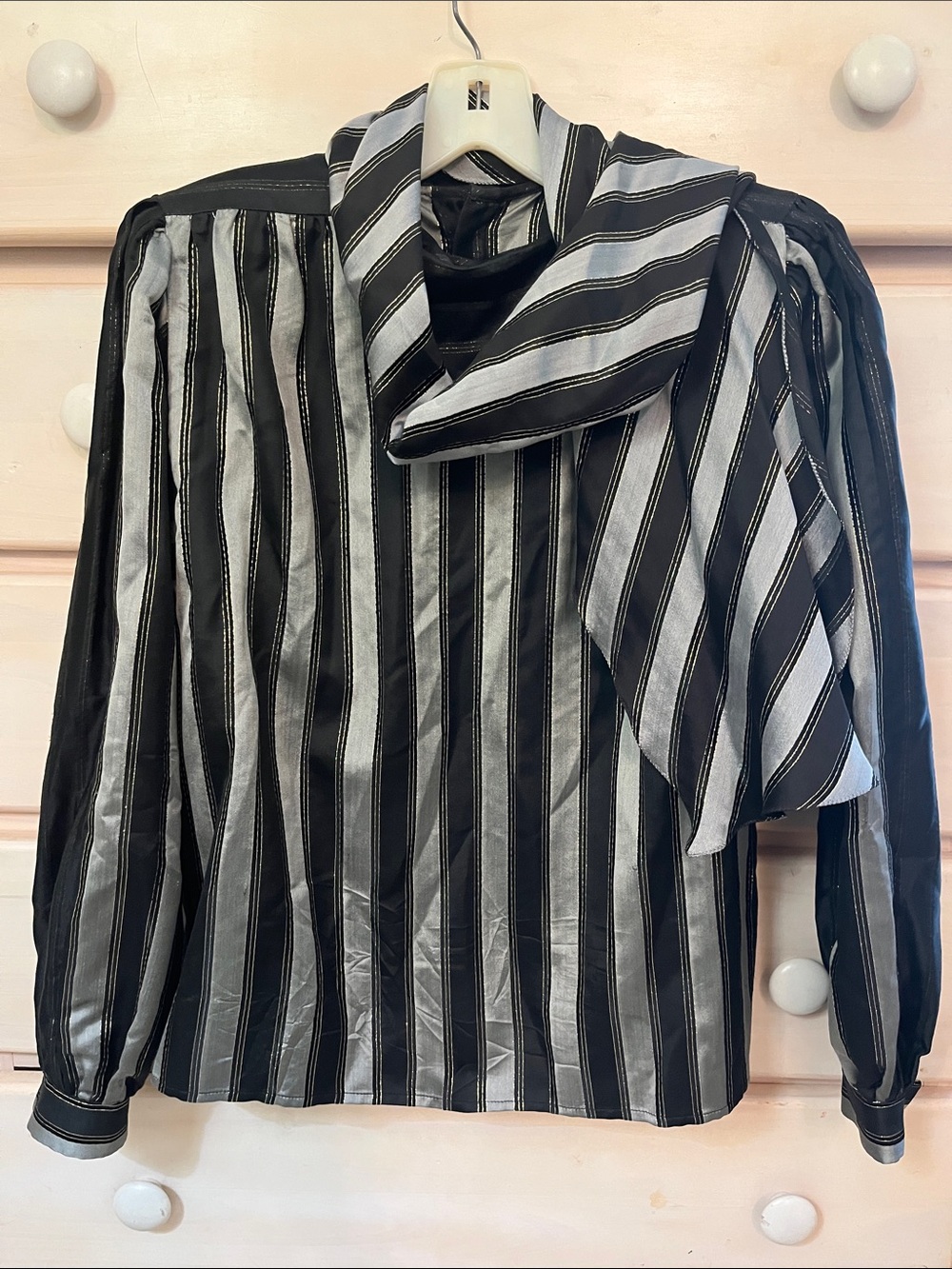 Vintage Valentino Night Black and Silver Striped Tie-Neck Blouse